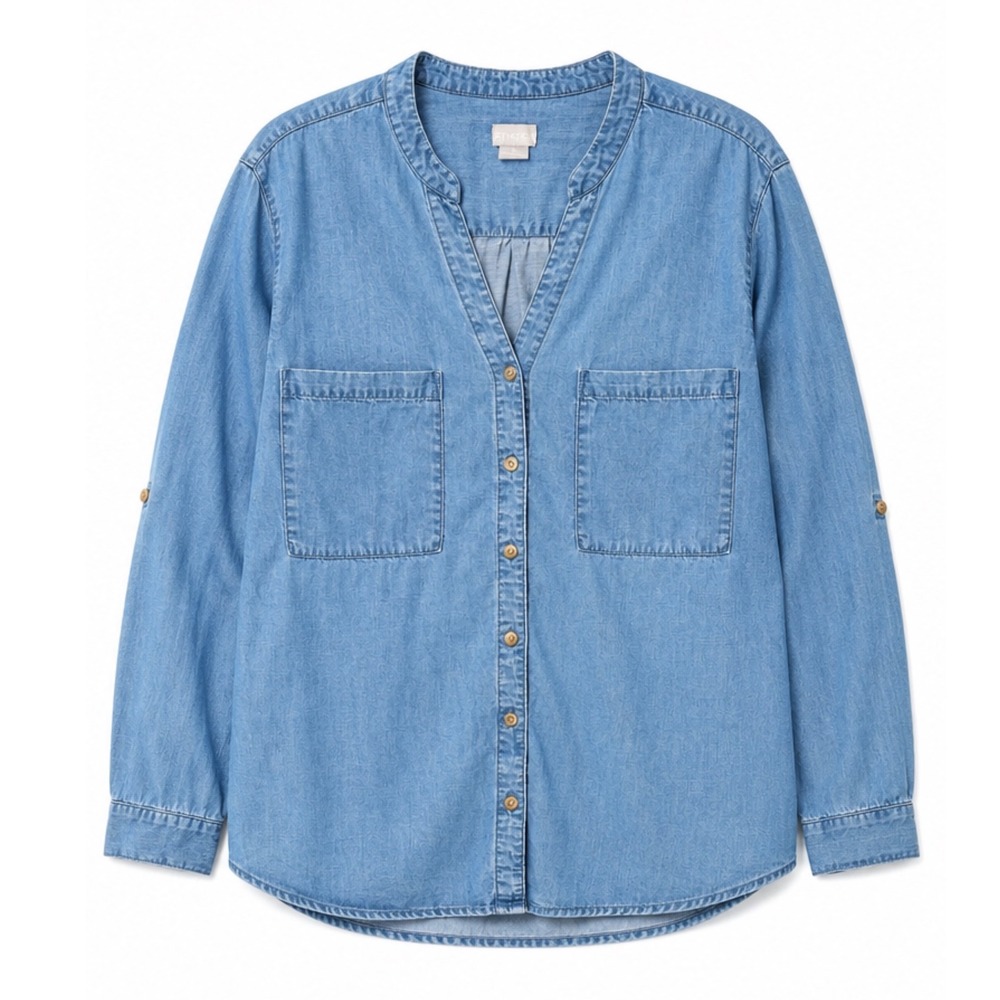 Chico's Blue Chambray Denim Button Down Roll Tab Sleeve Shirt Size 3 XL 16/18